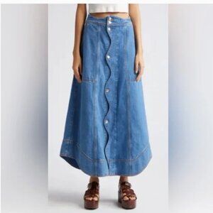FARM Rio Blue Denim Wave Button-Front A-Line Skirt